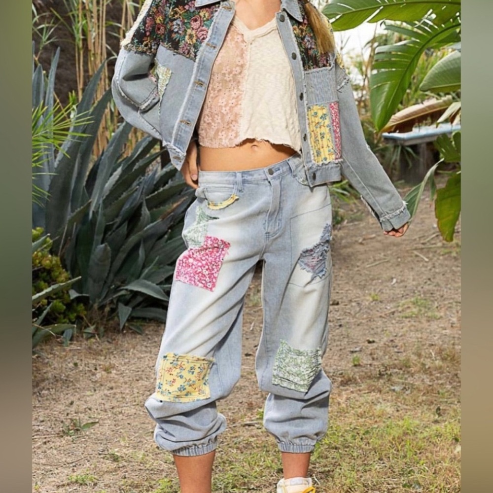 POL Floral Patchwork Jogger Jeans | Relaxed Fit Vintage Bohemian Denim - Picture 5 of 11